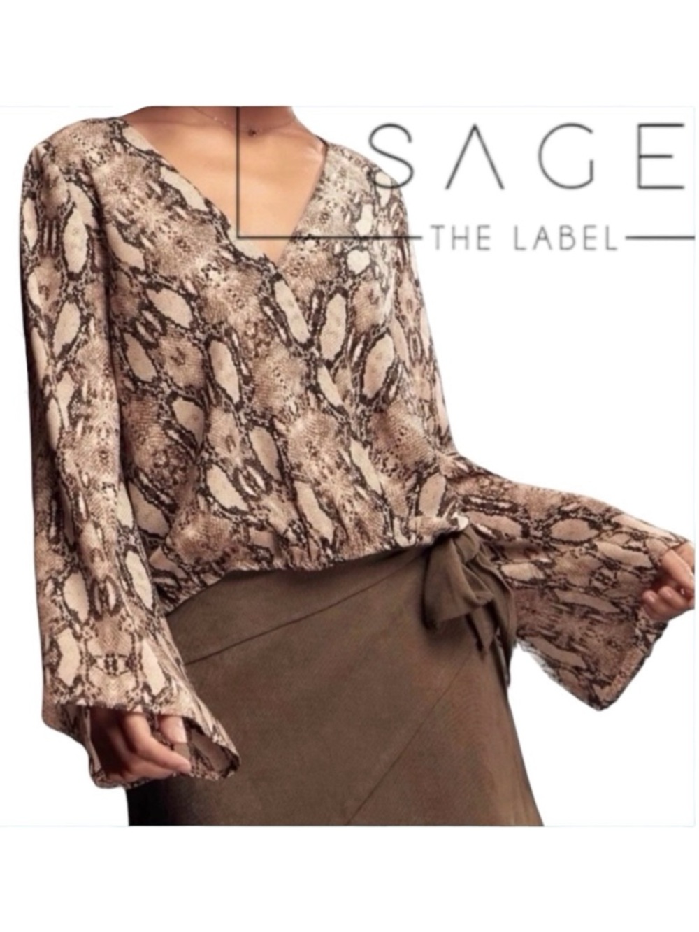 Sage The Label Brown/Cream Snakeskin Print Bell Sleeve Wrap Blouse (L)